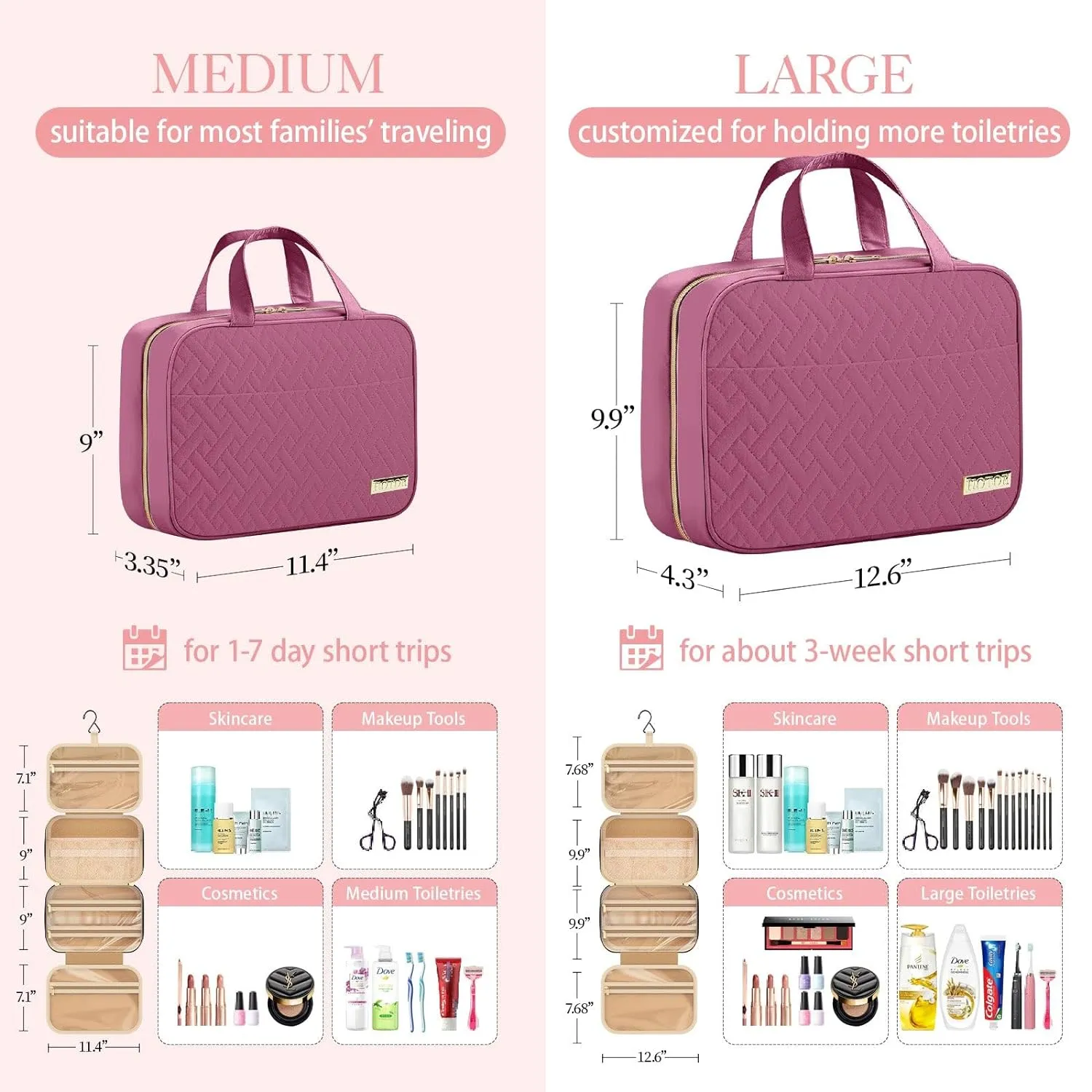 HOTOR Travel Toiletry Bag - Toiletry Bag w/Hanging Hook - Spacious Toiletry Bag for Women & Men, Makeup Bag/Big Comparment, Waterproof for Travel Accessories, Travel Essentials, Medium