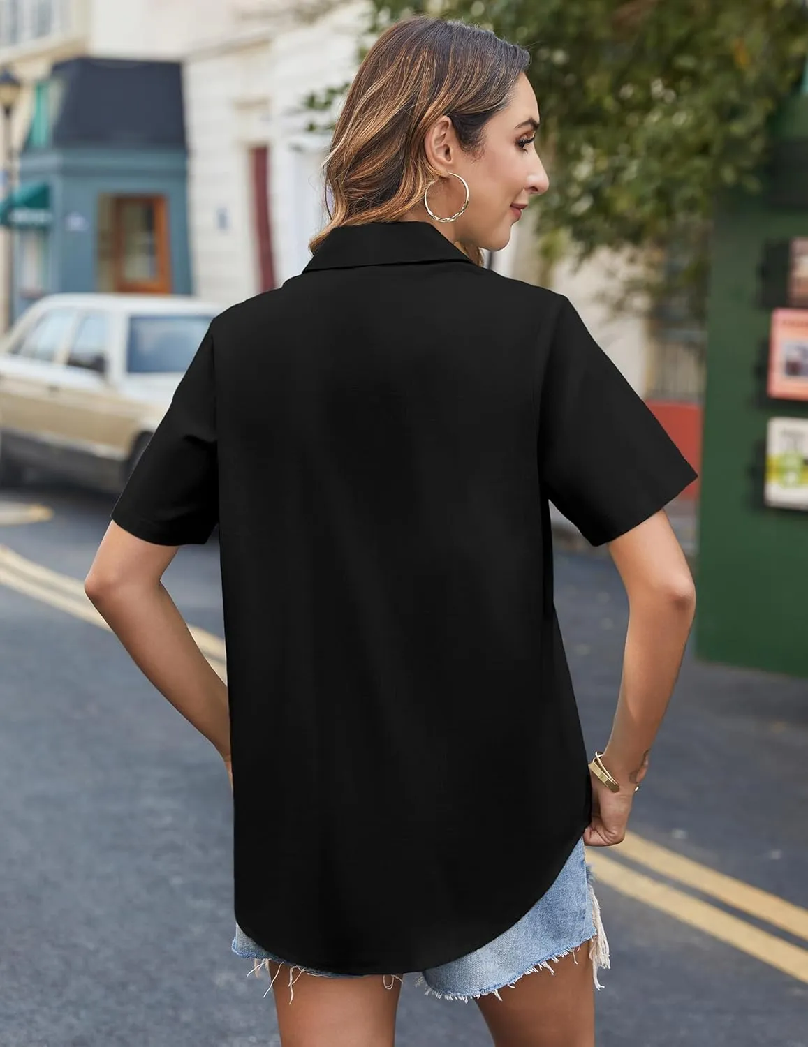 HOTOUCH Cotton Linen Button Down Shirt for Women V Neck Collared Blouse Casual Short Sleeve Tops with Pocket