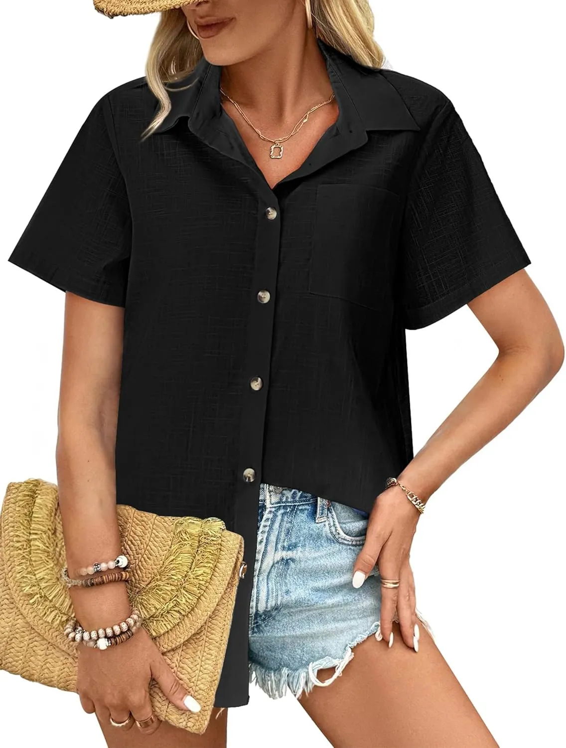HOTOUCH Cotton Linen Button Down Shirt for Women V Neck Collared Blouse Casual Short Sleeve Tops with Pocket