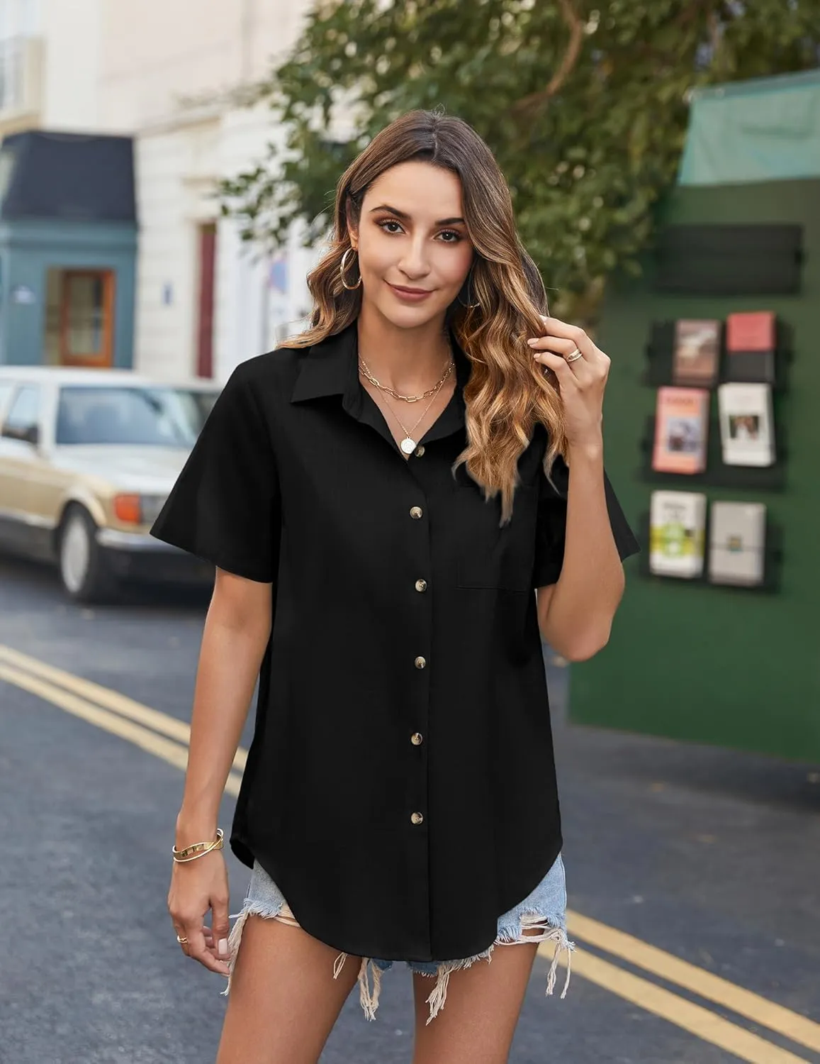 HOTOUCH Cotton Linen Button Down Shirt for Women V Neck Collared Blouse Casual Short Sleeve Tops with Pocket
