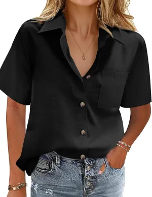 HOTOUCH Cotton Linen Button Down Shirt for Women V Neck Collared Blouse Casual Short Sleeve Tops with Pocket