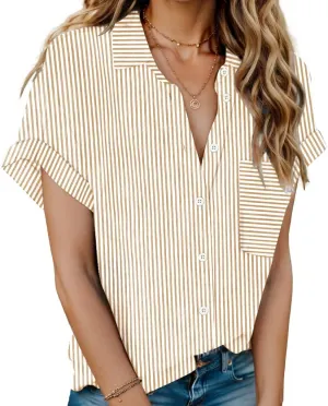 HOTOUCH Women Linen Shirts Button Down Cotton Short Sleeve Blouses V Neck Collared Button-up Gauze Tops S-3XL