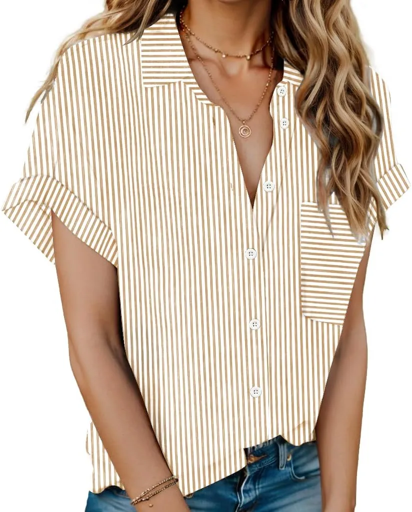 HOTOUCH Women Linen Shirts Button Down Cotton Short Sleeve Blouses V Neck Collared Button-up Gauze Tops S-3XL