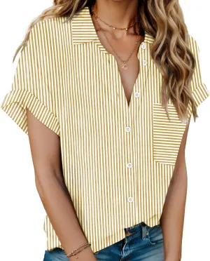 HOTOUCH Women Linen Shirts Button Down Cotton Short Sleeve Blouses V Neck Collared Button-up Gauze Tops S-3XL