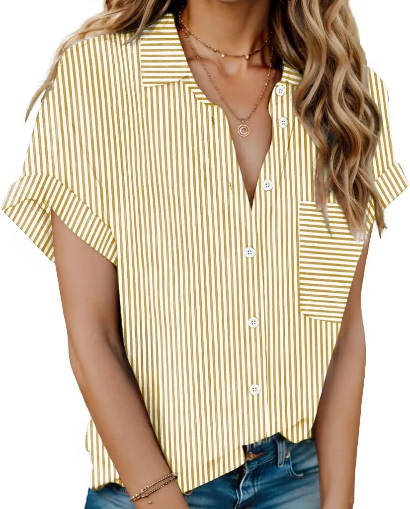 HOTOUCH Women Linen Shirts Button Down Cotton Short Sleeve Blouses V Neck Collared Button-up Gauze Tops S-3XL