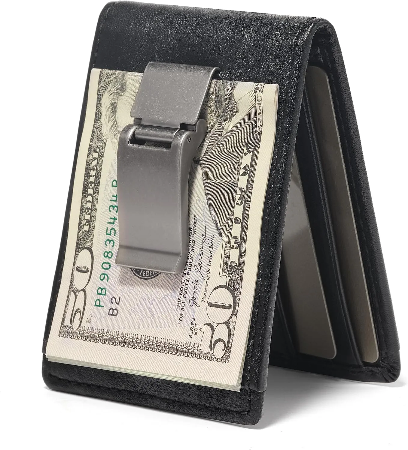 House of Jack Co. Maverick Bifold Money Clip Wallet for Men, Front Pocket Card Holder with Exterior ID Window, Full Grain Cowhide Leather Wallet, Black