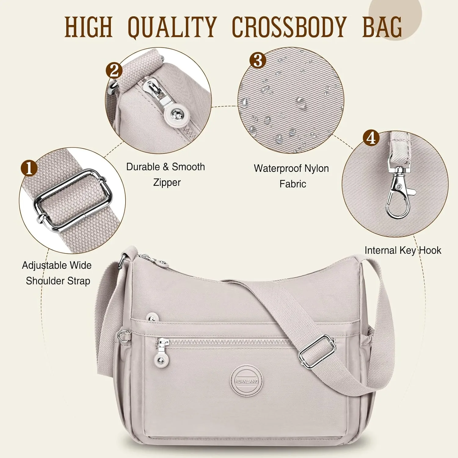 HUANLANG Nylon Crossbody Bags for Women Large Lightweight Travel Purse Women's Pocketbooks Multi Pocket Shoulder Bag