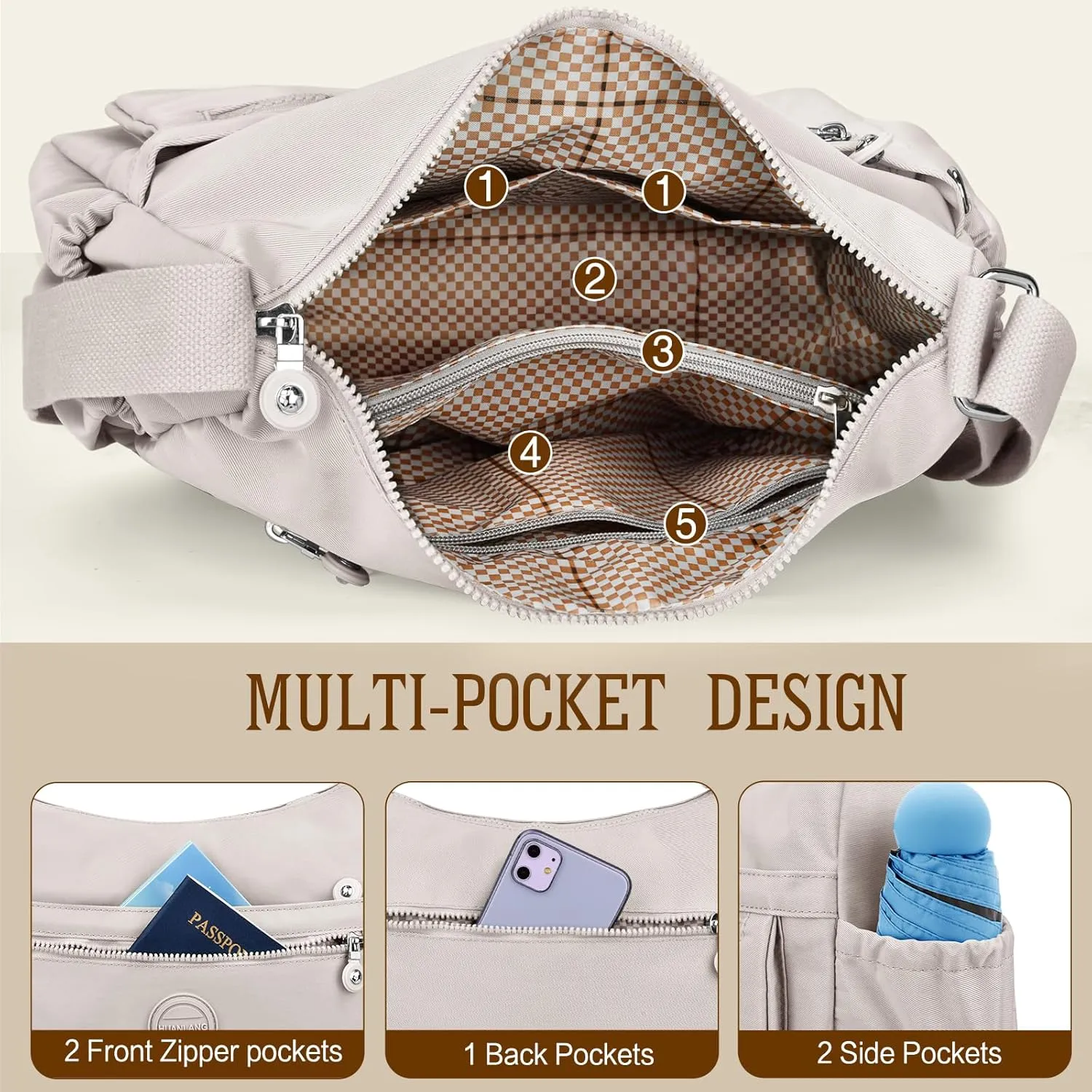 HUANLANG Nylon Crossbody Bags for Women Large Lightweight Travel Purse Women's Pocketbooks Multi Pocket Shoulder Bag