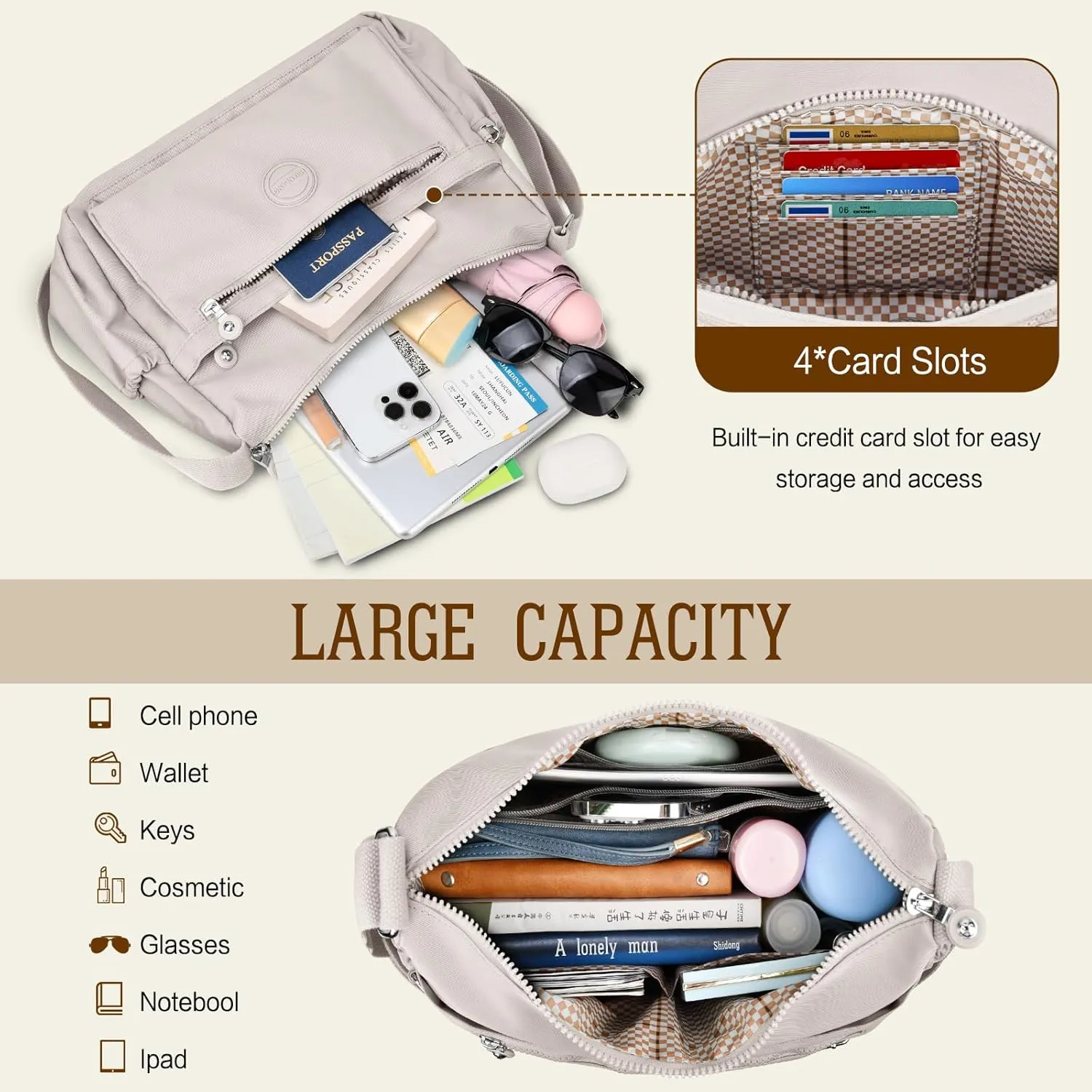 HUANLANG Nylon Crossbody Bags for Women Large Lightweight Travel Purse Women's Pocketbooks Multi Pocket Shoulder Bag