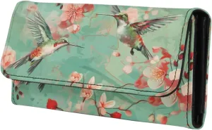 Hummingbird Trifold Wallet for Women Peach Blossom Bird Long Clutch Extra Capacity Multi Card Slot Watercolor Flower Birds Large Trifold Wallet With ID Window