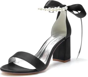 Hyinlays Chunky Block Heels for Women High Heel with Pearls Ankle Strap Wedding Shoes Open Toe Heels Dressy Pumps Sandals