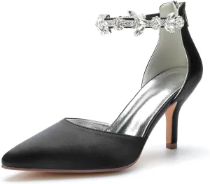 Hyinlays Women's Pointed Toe Ankle Strap Pumps Crystal Satin Wedding Bridal Shoes Party Stilettos Heeled Sandals