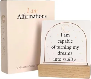 I Am Positive Affirmation Cards | 52 Decor Cards with Wooden Stand | Inspirational Cards with Soothing Colors to Display on Vision Boards | Giftable Affirmations