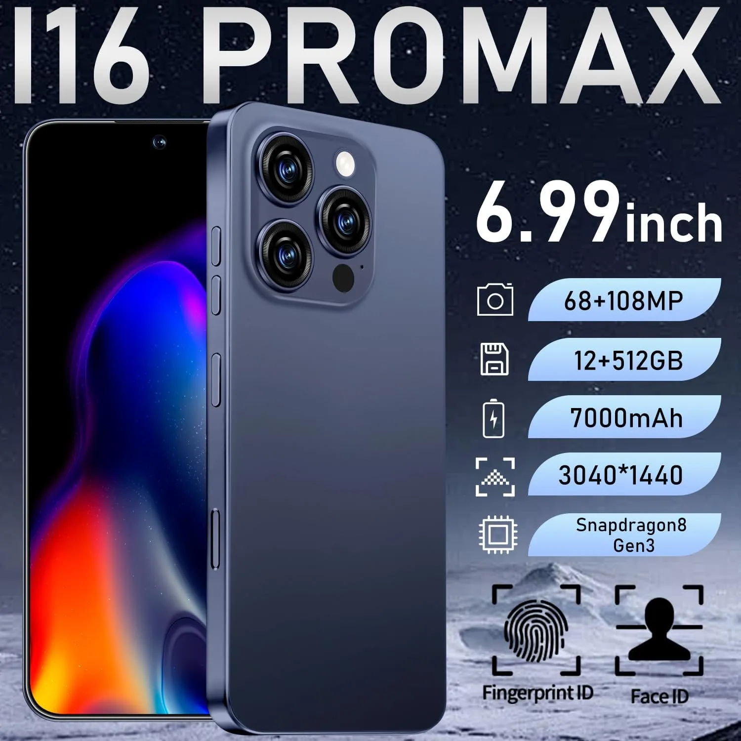 I16 PROMAX Unlocked Phone, 6.99inch Cell Phone with Android 13 12GB 512GB 7000mAh Long Battery Life, HD Screen Smartphone with Dual SIM, Fingerprint Lock, Face ID, Photos 5G Phone (Deep Blue)