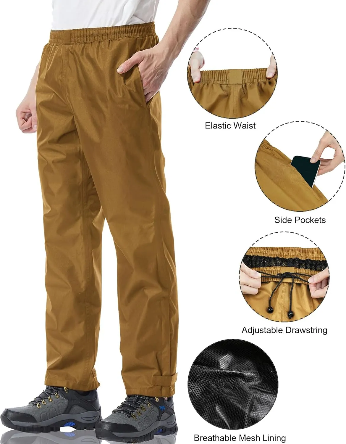 iCreek Men's Rain Pants Waterproof Over Pants Windproof Lightweight Hiking Pants Work Rain Outdoor for Golf, Fishing
