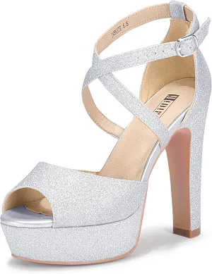 IDIFU Women's Platform Chunky High Heels Dress Sandals Peep Toe Ankle Strap Wedding Party Evening Shoes for Women Bride
