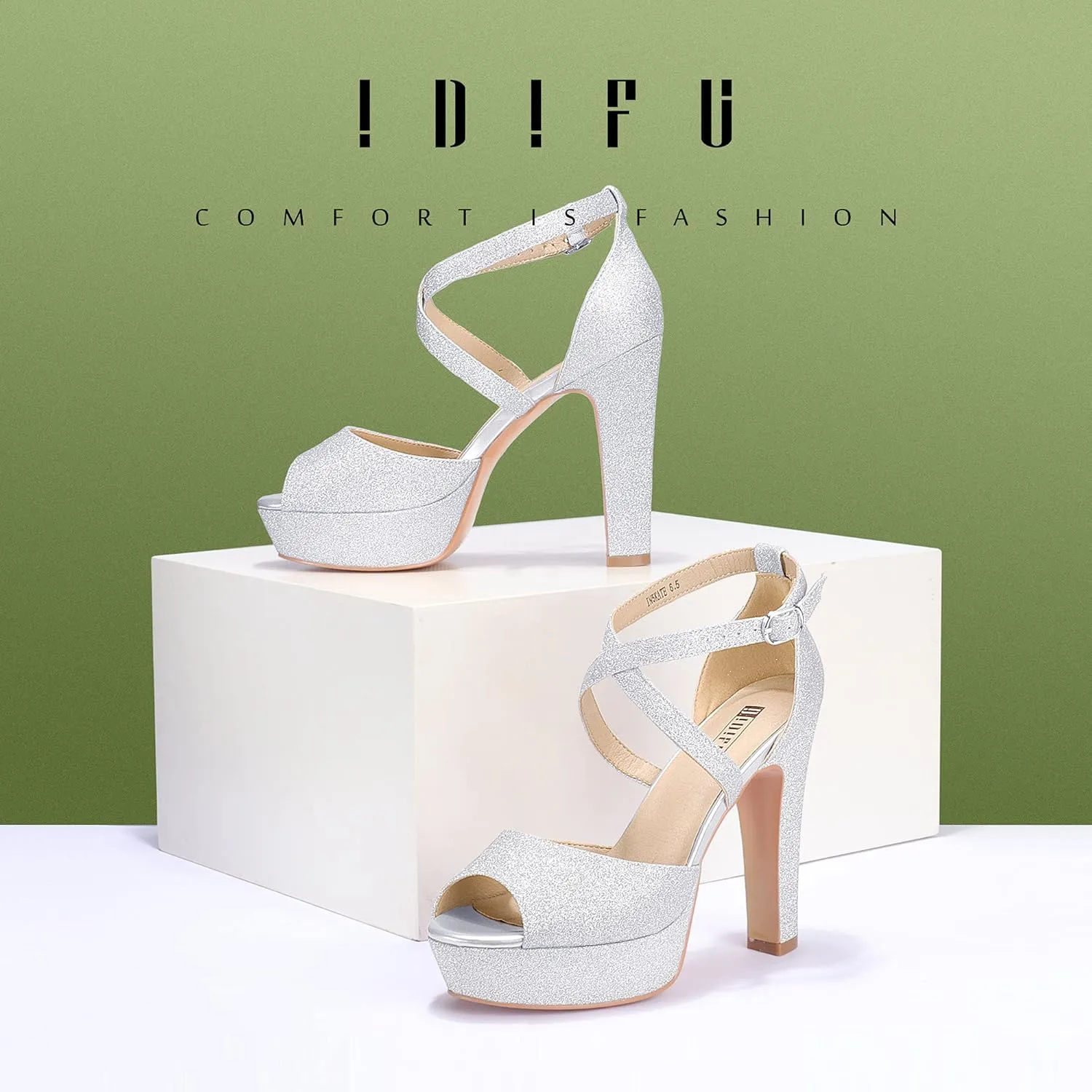 IDIFU Women's Platform Chunky High Heels Dress Sandals Peep Toe Ankle Strap Wedding Party Evening Shoes for Women Bride