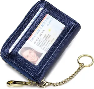imeetu RFID Credit Card Holder Wallet with Keychain & ID Window Small Leather Zipper Card Case for Women (Horizontal 10 Slots, Navy)