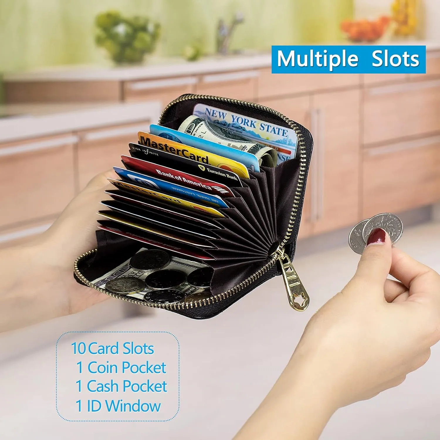 imeetu RFID Credit Card Holder Wallet with Keychain & ID Window Small Leather Zipper Card Case for Women (Horizontal 10 Slots, Navy)