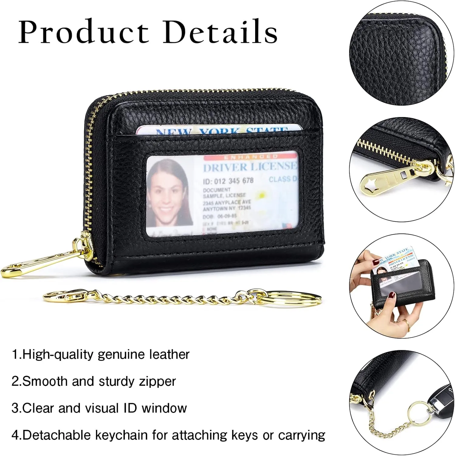 imeetu RFID Credit Card Holder Wallet with Keychain & ID Window Small Leather Zipper Card Case for Women (Horizontal 10 Slots, Navy)