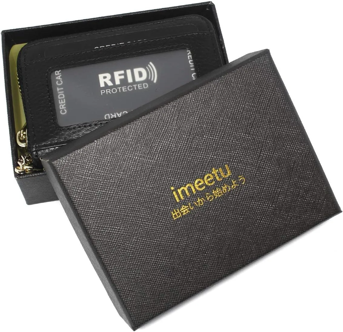 imeetu RFID Credit Card Holder Wallet with Keychain & ID Window Small Leather Zipper Card Case for Women (Horizontal 10 Slots, Navy)