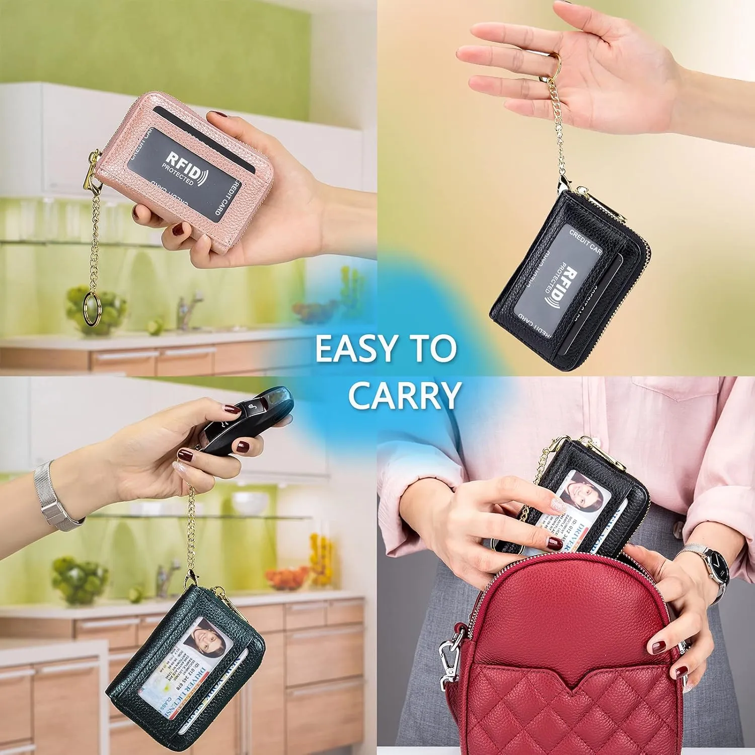imeetu RFID Credit Card Holder Wallet with Keychain & ID Window Small Leather Zipper Card Case for Women (Horizontal 10 Slots, Navy)