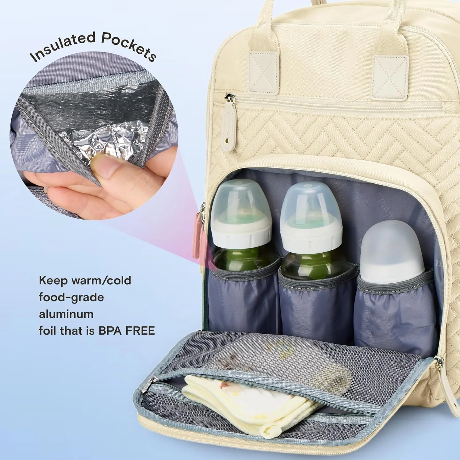 iniuniu Diaper Bag Backpack, 4 in 1 kit Large Unisex Baby Bags for Boys Girls, Waterproof Travel Back Pack with Diaper Pouch, Washable Changing Pad, Pacifier Case and Stroller Straps, Off White
