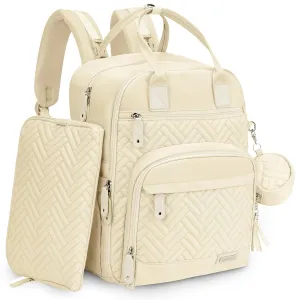 iniuniu Diaper Bag Backpack, 4 in 1 kit Large Unisex Baby Bags for Boys Girls, Waterproof Travel Back Pack with Diaper Pouch, Washable Changing Pad, Pacifier Case and Stroller Straps, Off White