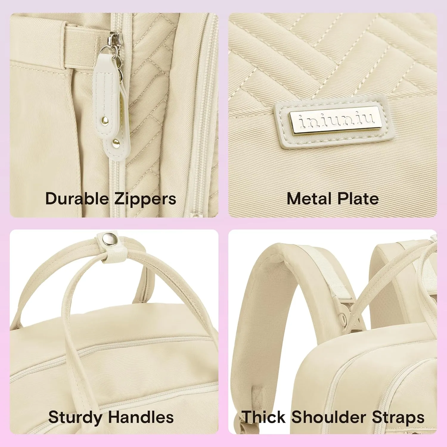 iniuniu Diaper Bag Backpack, 4 in 1 kit Large Unisex Baby Bags for Boys Girls, Waterproof Travel Back Pack with Diaper Pouch, Washable Changing Pad, Pacifier Case and Stroller Straps, Off White