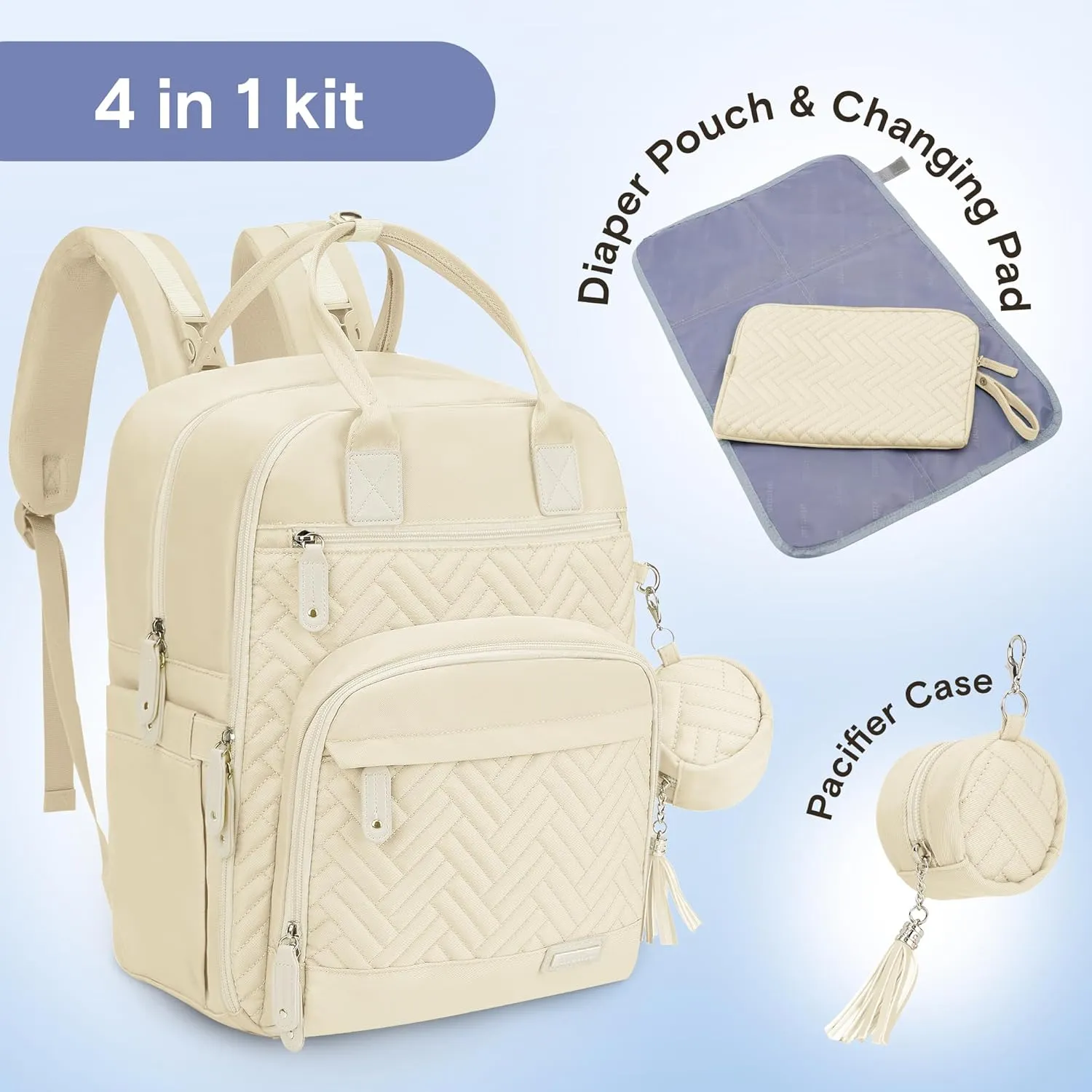 iniuniu Diaper Bag Backpack, 4 in 1 kit Large Unisex Baby Bags for Boys Girls, Waterproof Travel Back Pack with Diaper Pouch, Washable Changing Pad, Pacifier Case and Stroller Straps, Off White
