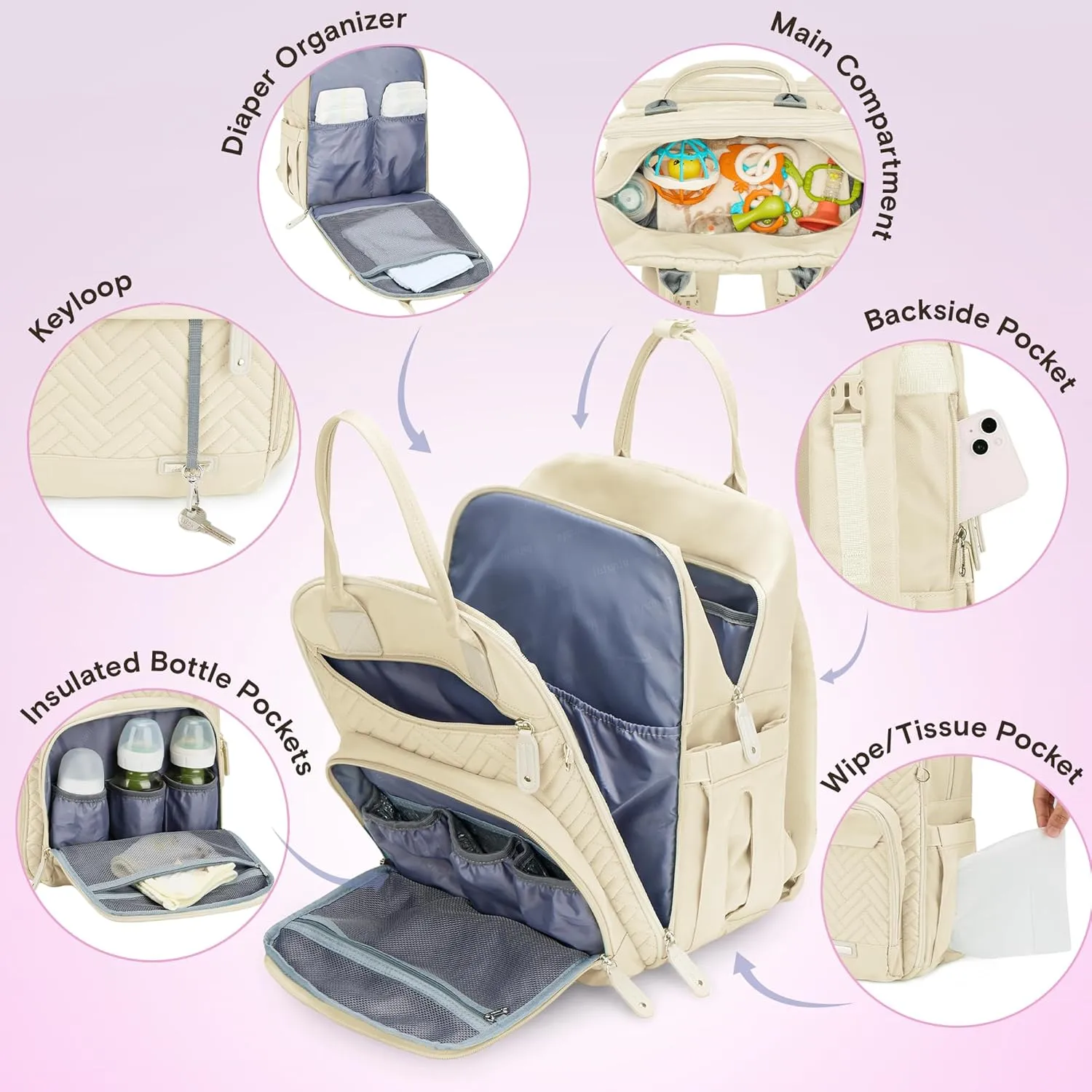 iniuniu Diaper Bag Backpack, 4 in 1 kit Large Unisex Baby Bags for Boys Girls, Waterproof Travel Back Pack with Diaper Pouch, Washable Changing Pad, Pacifier Case and Stroller Straps, Off White