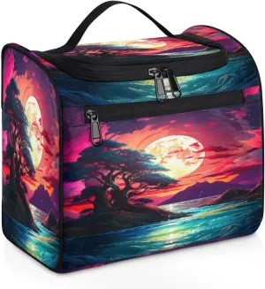 Interstellar Sunset Seascape Women's Toiletry Bag Waterproof Cosmetic Bag Space Landscape Travel Cosmetic Bag Multi-functional Organizer with Hooks Suitable for Full-size Toiletries and Cosmetics