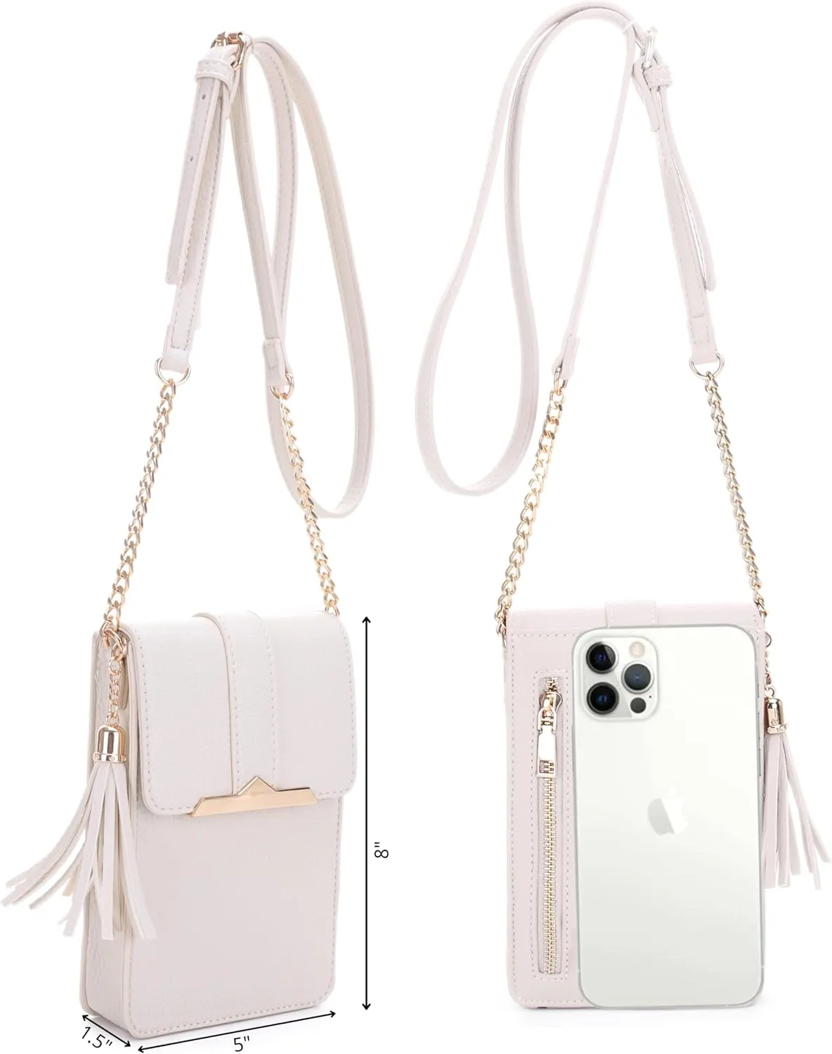 Izzy & Ali Compact Phone Crossbody Bag, Rectangular, Tassel Accent, Adjustable Chain Strap, Magnetic Flap Closure
