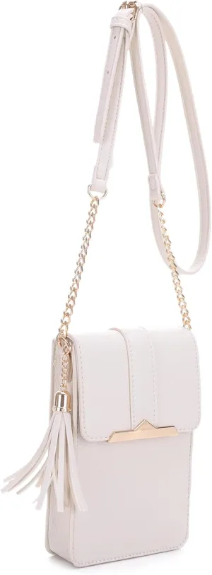 Izzy & Ali Compact Phone Crossbody Bag, Rectangular, Tassel Accent, Adjustable Chain Strap, Magnetic Flap Closure