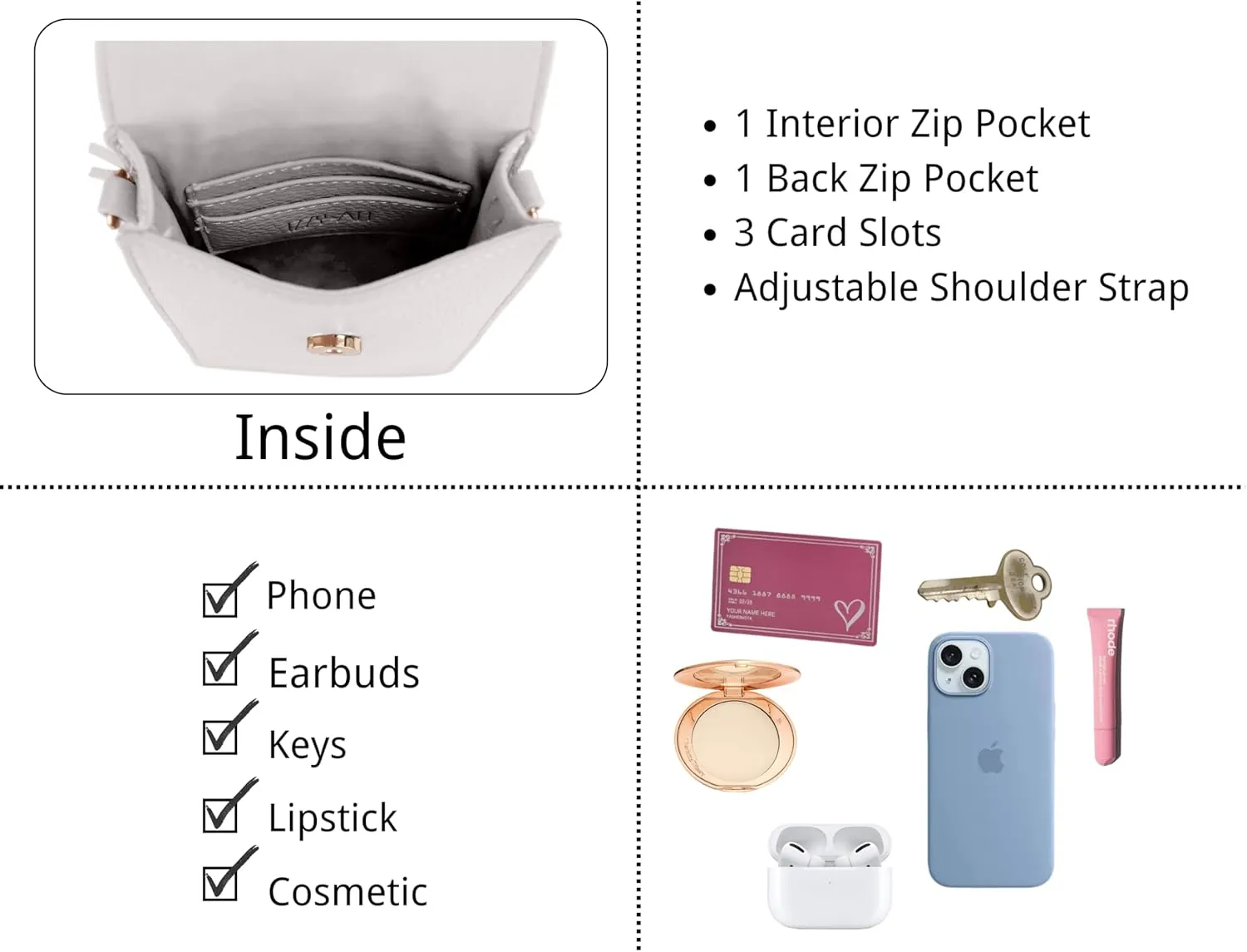 Izzy & Ali Compact Phone Crossbody Bag, Rectangular, Tassel Accent, Adjustable Chain Strap, Magnetic Flap Closure