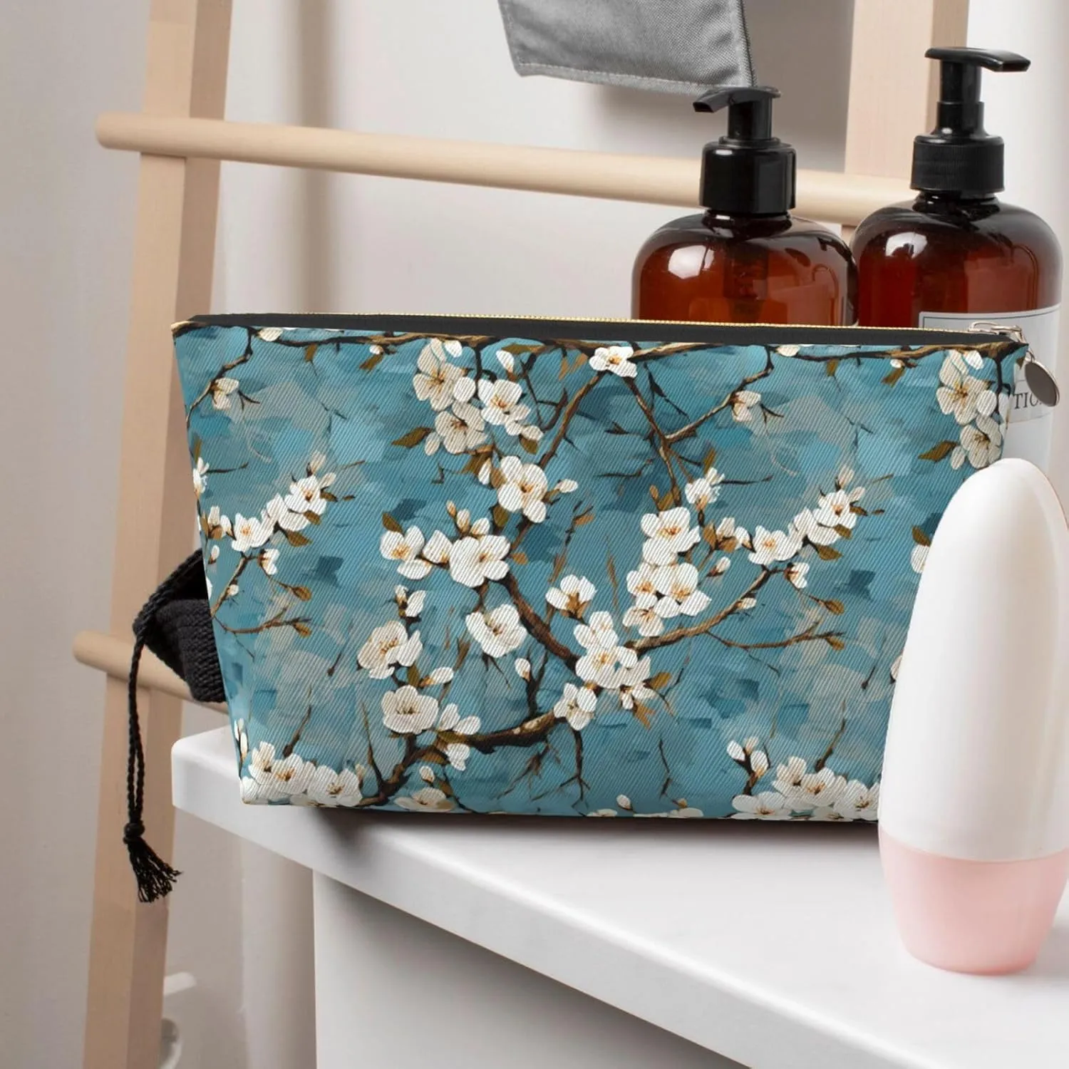 Japanese Blue Cherry Blossom Makeup Bag Waterproof Cosmetic Bag Organizer Small Make Up Zipper Pouch Portable Travel Toiletry Bag For Women Girls