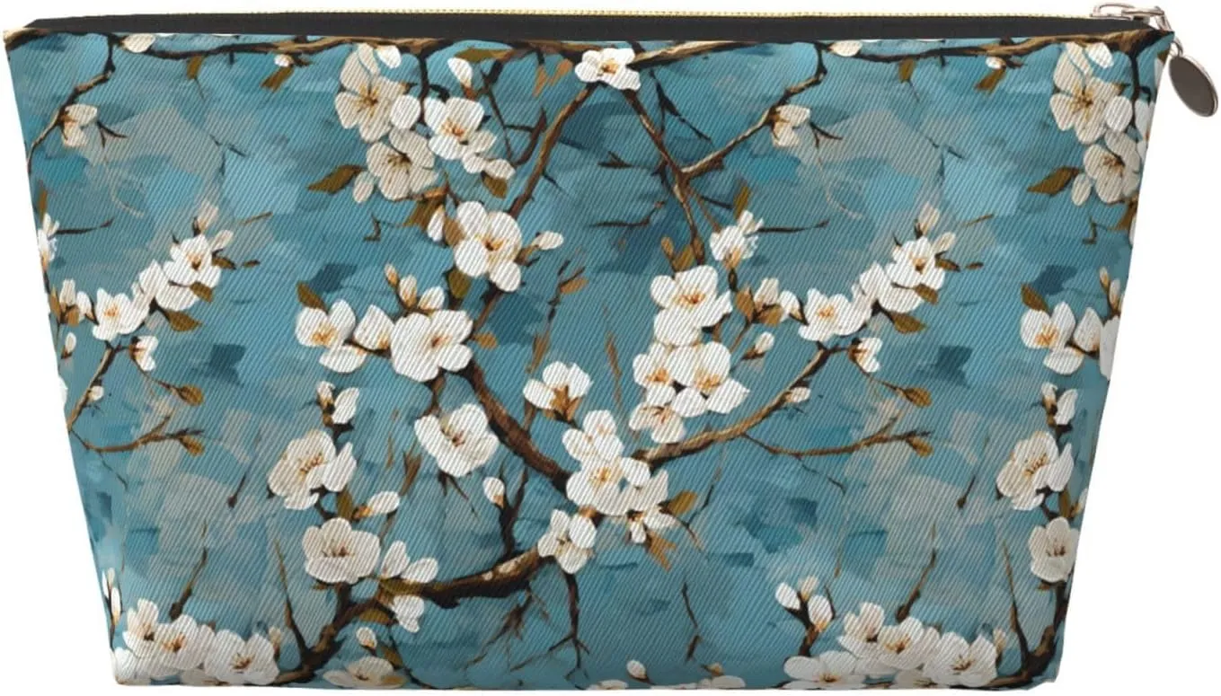 Japanese Blue Cherry Blossom Makeup Bag Waterproof Cosmetic Bag Organizer Small Make Up Zipper Pouch Portable Travel Toiletry Bag For Women Girls