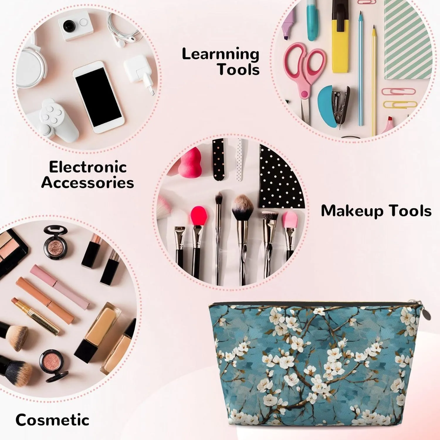 Japanese Blue Cherry Blossom Makeup Bag Waterproof Cosmetic Bag Organizer Small Make Up Zipper Pouch Portable Travel Toiletry Bag For Women Girls