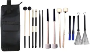 Jiayouy Percussion Drum Stick Bag with 7 Pair Drumsticks Mallets Brushes Set, Drum Mallet Bag with Floor Tom Hooks,Nylon Bamboo Jazz Bass Drum Sticks Retractable Drum Wire Brushes,Hanging Mallet Bag