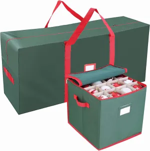 JOIEDOMI Christmas Tree Storage Bag & Christmas Ornament Storage Set, for 7.5 ft Artificial Disassembled Holiday Tree and 64 Holiday Ornament 3'', 600D Oxford Fabric with Handles Dual Zipper Green