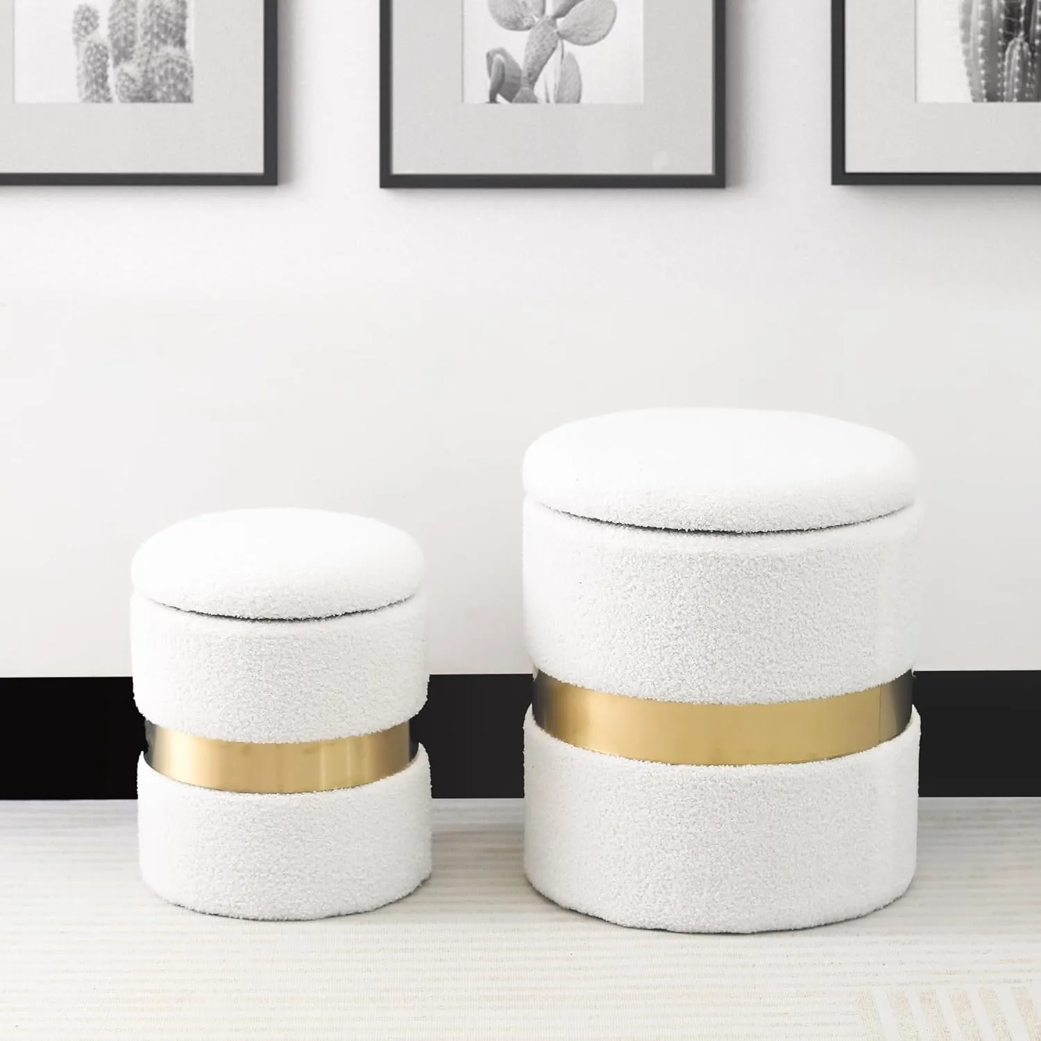 Joveco Round Boucle OttomanOttoman with Storage Set of 2, Velvet Green Ottoman with Gold Metal Band, Upholstered Foot Stools for Home Decor, Large Storage & Space Saving (White)