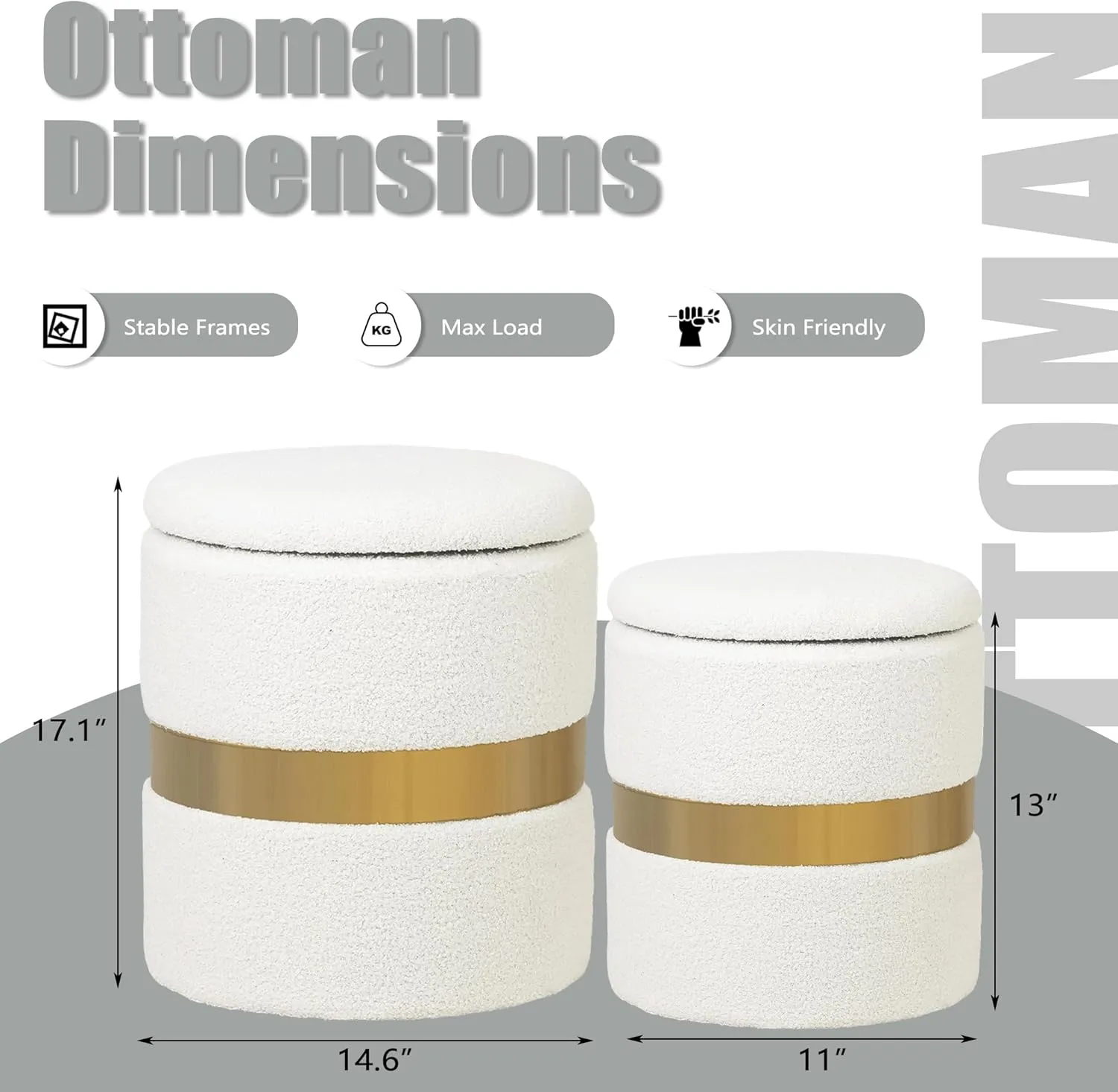 Joveco Round Boucle OttomanOttoman with Storage Set of 2, Velvet Green Ottoman with Gold Metal Band, Upholstered Foot Stools for Home Decor, Large Storage & Space Saving (White)