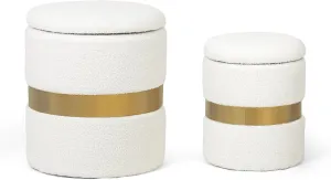 Joveco Round Boucle OttomanOttoman with Storage Set of 2, Velvet Green Ottoman with Gold Metal Band, Upholstered Foot Stools for Home Decor, Large Storage & Space Saving (White)