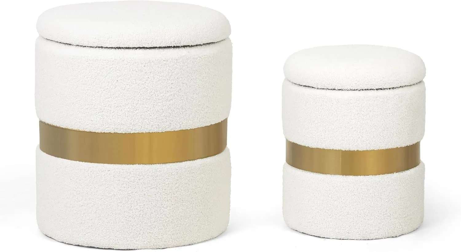 Joveco Round Boucle OttomanOttoman with Storage Set of 2, Velvet Green Ottoman with Gold Metal Band, Upholstered Foot Stools for Home Decor, Large Storage & Space Saving (White)