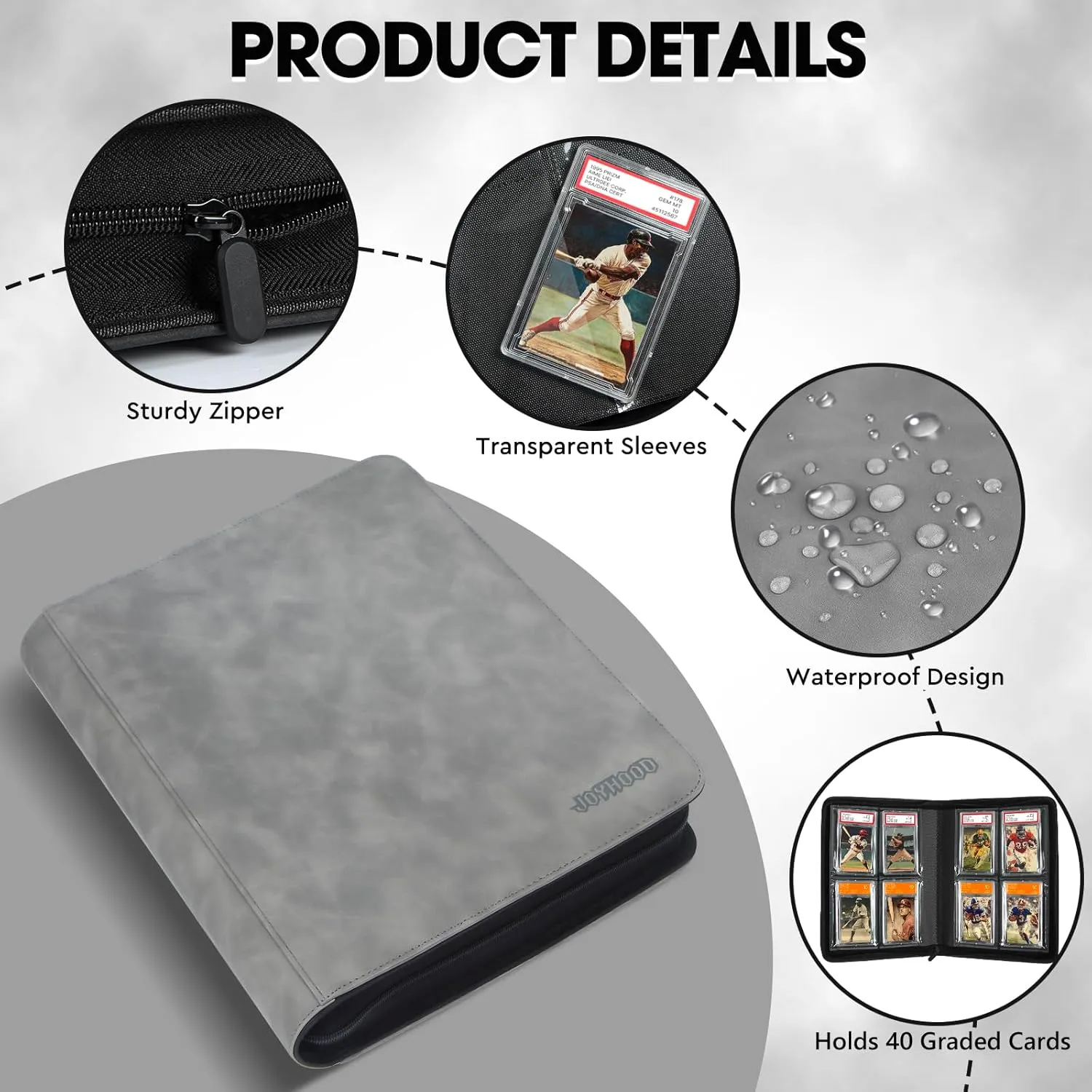 JoyHood Graded Card Binder, Graded Cards Holder with 4 Slot, Graded Card Storage Album compatible with PSA/CGC/PCG Slabs, Holds 40 Graded Cards (Grey)