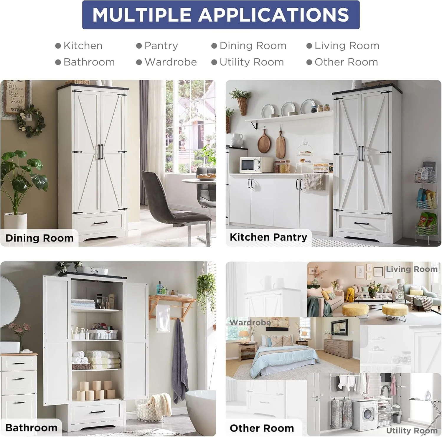 JXQTLINGMU Farmhouse Kitchen Pantry Cabinet - 72" Tall Wood Kitchen Storage Cabinets with Adjustable Shelves & 2 Barn Doors & Drawer, Versatile Storage for Dining Room, Bathroom, Antique White
