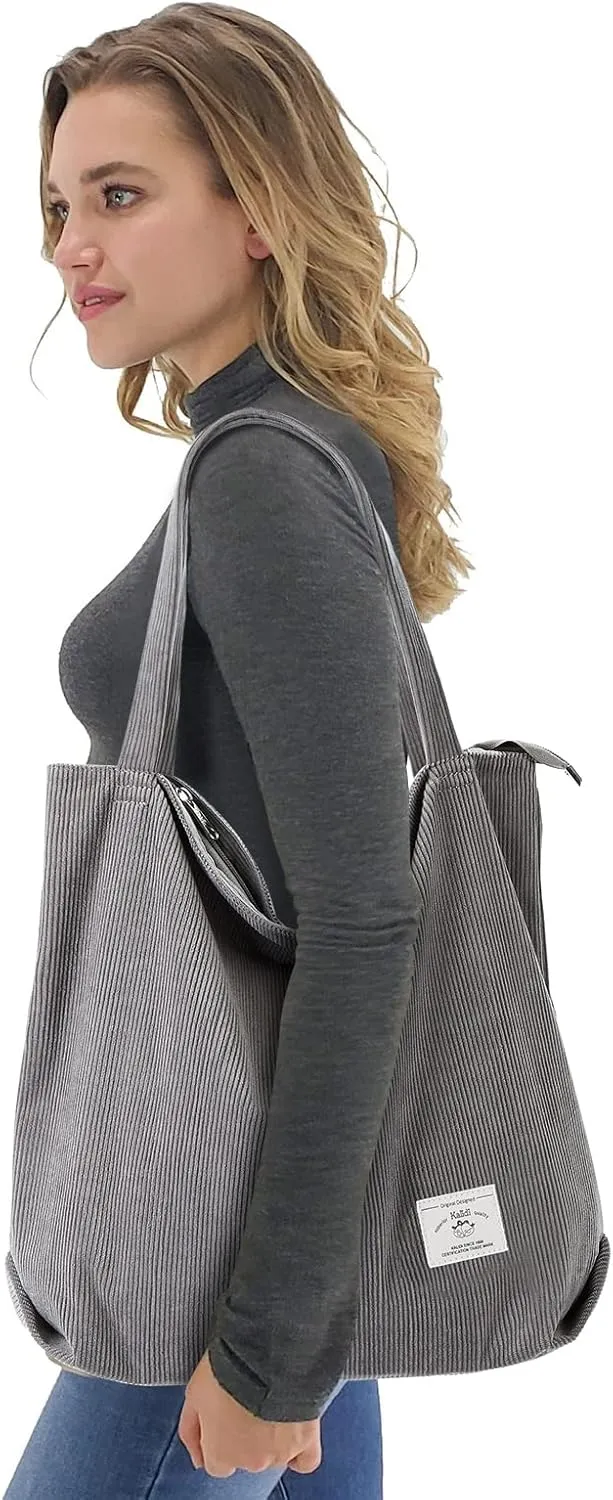 KALIDI Women Corduroy Tote Bag Zipper Casual Tote's Handbag Big Capacity Shoulder Bag with Pockets