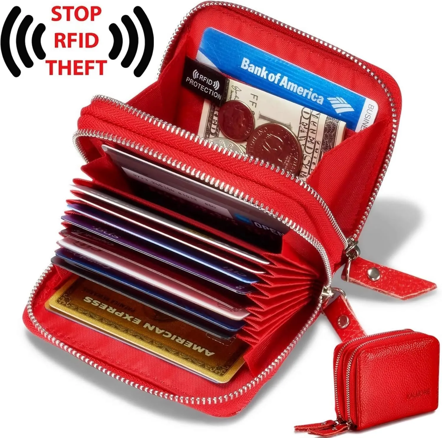 KALMORE Women's Leather RFID Secured Spacious Cute Zipper Card Wallet Small Purse