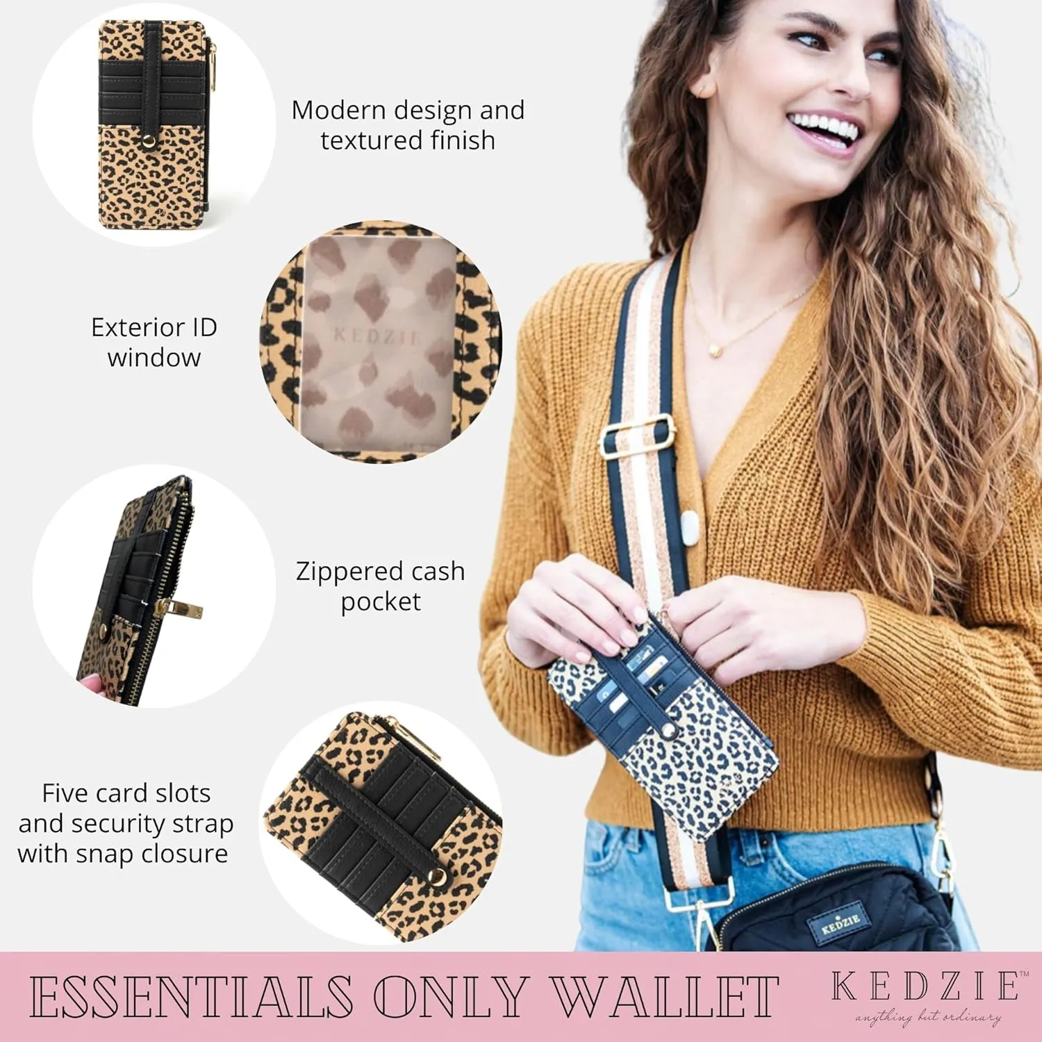 KEDZIE Essentials Only Women's Zippered Wallet in Vegan Leather Small Card Holder Wallet Exterior ID Window - Deja Moo