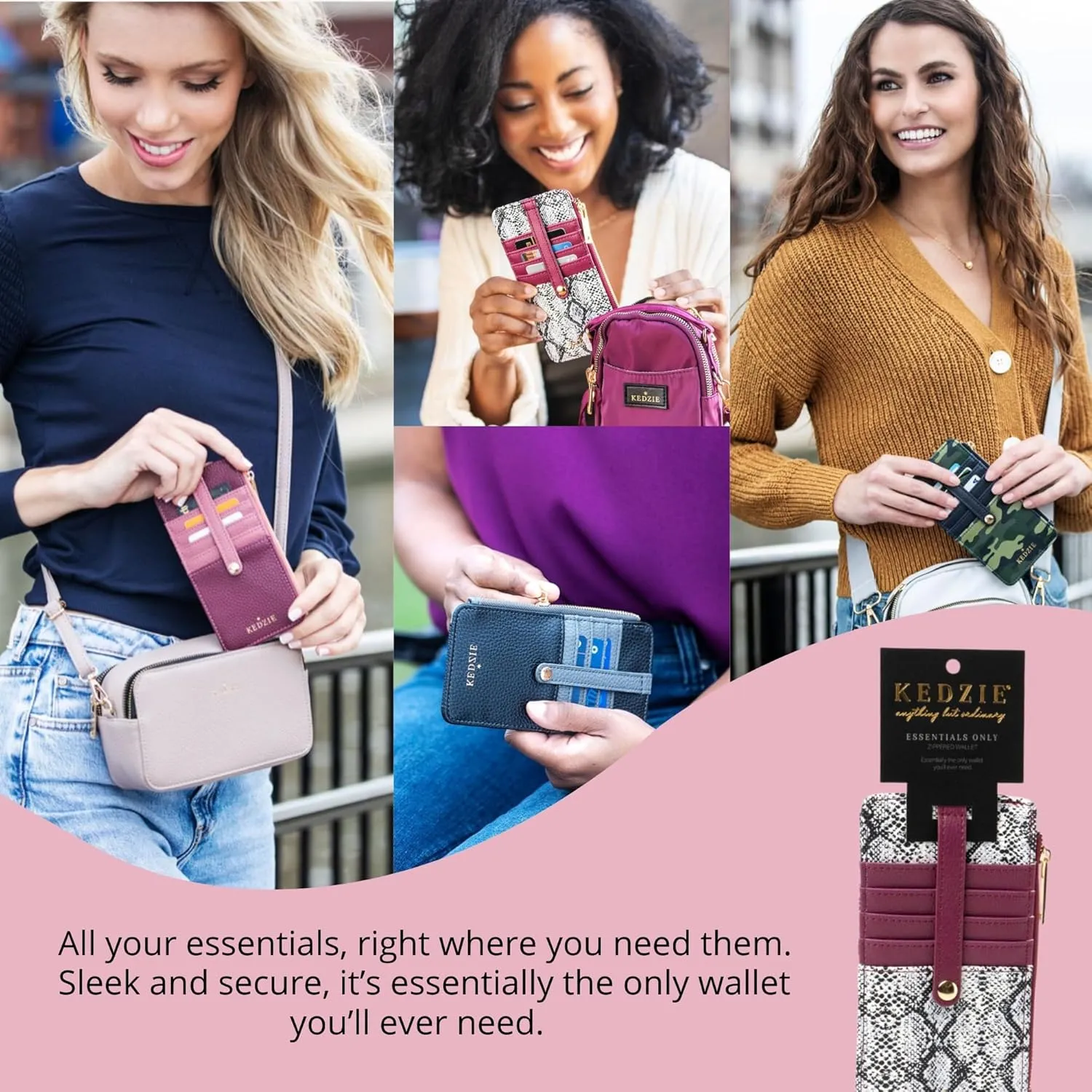 KEDZIE Essentials Only Women's Zippered Wallet in Vegan Leather Small Card Holder Wallet Exterior ID Window - Deja Moo